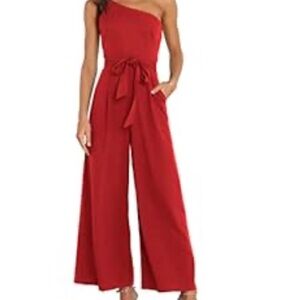 Red Wide Leg One Shoulder Jumpsuit
